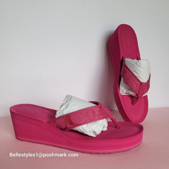 COACH Jaicee Wedge Platform Sandals in Signature Fabric-Fuchsia color.Size 9.5B⭐ - Picture 3 of 16